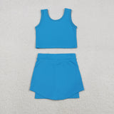 GSD2659 Solid Color Blue Yoga Girls Skorts Set