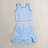 GSD2674 Fashion Solid Color Blue Yoga Girls Skorts Set