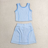 GSD2674 Fashion Solid Color Blue Yoga Girls Skorts Set