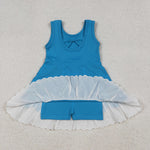 GSD2680 Solid Color Blue Ruffles Sports Yoga Girl's Dress Onesie