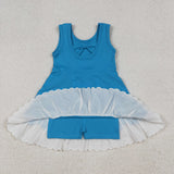 GSD2680 Solid Color Blue Ruffles Sports Yoga Girl's Dress Onesie
