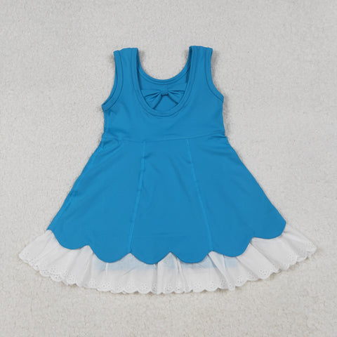 GSD2680 Solid Color Blue Ruffles Sports Yoga Girl's Dress Onesie