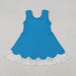 GSD2680 Solid Color Blue Ruffles Sports Yoga Girl's Dress Onesie