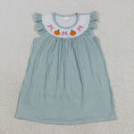 GSD2746 Embroidery Pumpkin Bows Green Stripe Girl's Dress