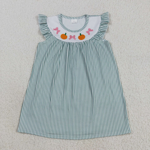 GSD2746 Embroidery Pumpkin Bows Green Stripe Girl's Dress
