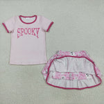 GSD2776 Halloween Spooky Ghost Bows Pink Girls Skirt Skorts Lined Set