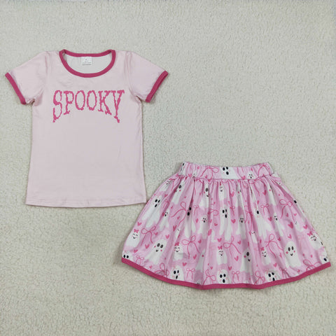 GSD2776 Halloween Spooky Ghost Bows Pink Girls Skirt Skorts Lined Set