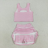 GSD2786 Pink Plaid Yoga Girls Skorts Set