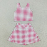 GSD2786 Pink Plaid Yoga Girls Skorts Set