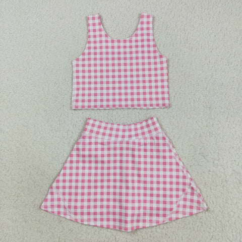 GSD2786 Pink Plaid Yoga Girls Skorts Set