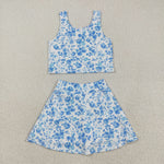 GSD2787 Blue Flower Yoga Girls Skorts Set