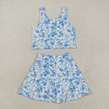 GSD2787 Blue Flower Yoga Girls Skorts Set