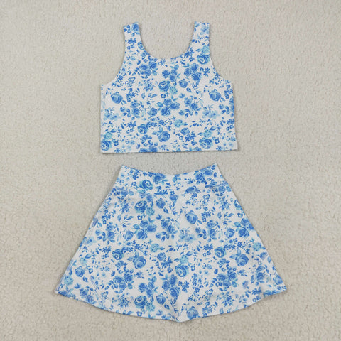 GSD2787 Blue Flower Yoga Girls Skorts Set