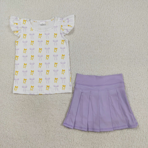 GSD2789 Bows Purple Active Pleated Tennis Girls Skorts Set