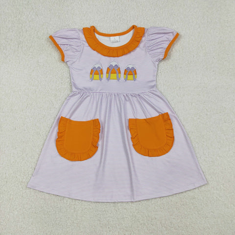 GSD2791 Embroidery Halloween Candy Corn Bows Girl's Dress