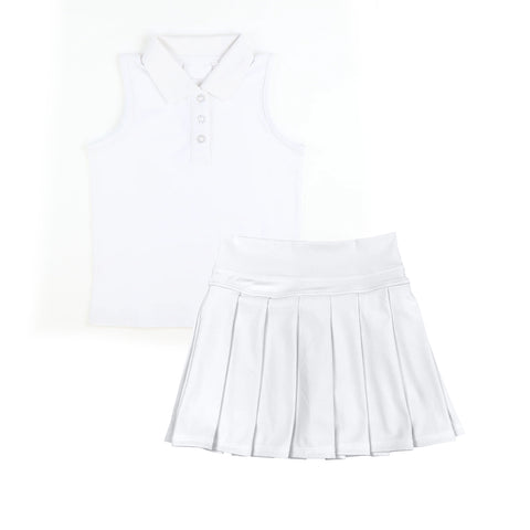 Preorder MOQ 5 pcs GSD2793 Solid Color White Active Pleated Tennis Polo Girls Skorts Set