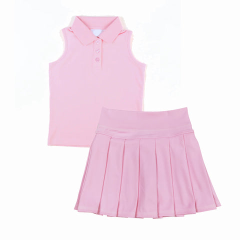Preorder MOQ 5 pcs GSD2794 Solid Color Pink Active Pleated Tennis Polo Girls Skorts Set