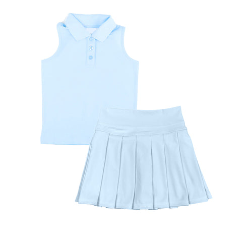 Preorder MOQ 5 pcs GSD2795 Solid Color Sky Blue Active Pleated Tennis Polo Girls Skorts Set