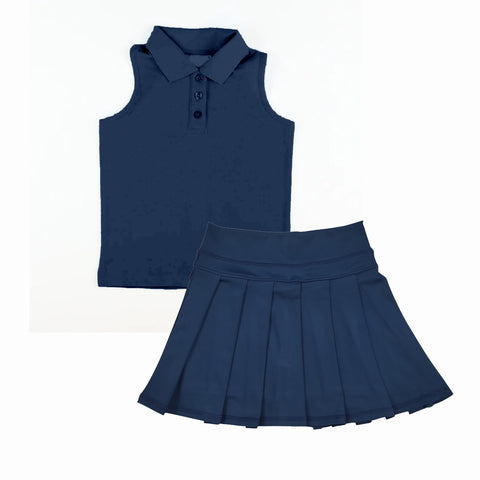 Preorder MOQ 5 pcs GSD2796 Solid Color Navy Active Pleated Tennis Polo Girls Skorts Set