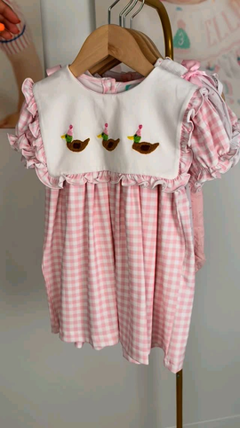 Preorder 09.22 GSD2803 Happy Birthday Mallard Ducks Pink Plaid Girl's Dress