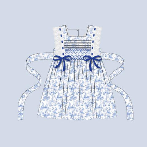 Preorder 10.03 MOQ 5 pcs GSD2810 Easter Rabbit Blue Bows Girl's Dress