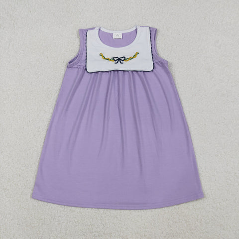 GSD2832 Embroidery Mardi Gras Bows Purple Girl's Dress