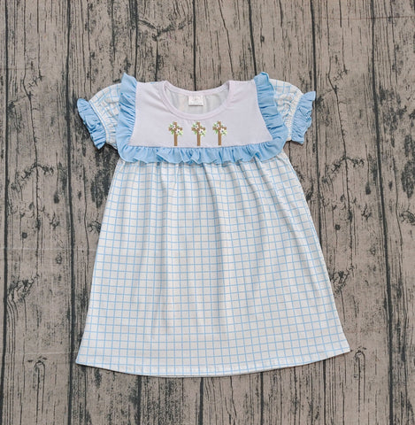 Preorder Samples GSD2851 Embroidery Easter Cross Flower Sky Blue Girl's Dress