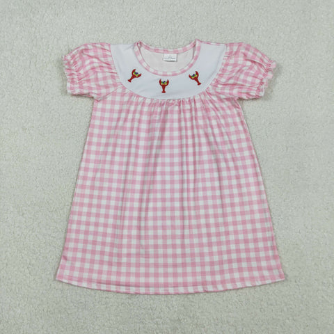 GSD2853 Embroidery Crawfish Pink Plaid Girl's Dress