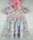 Preorder Samples GSD2854 Embroidery Happy Birthday Girl Cake Pink Girl's Dress