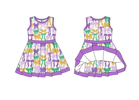 Preorder 10.23 MOQ 5 pcs GSD2866 Mardi Gras Bows Purple Yoga Girl's Dress Onesie