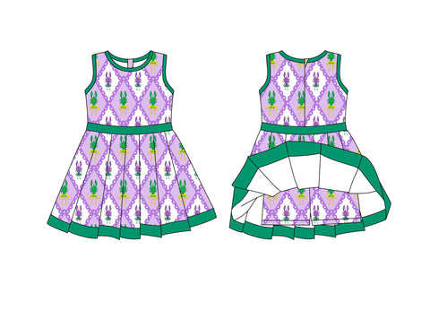 Preorder 10.23 MOQ 5 pcs GSD2868 Mardi Gras Crawfish Purple Yoga Girl's Dress Onesie