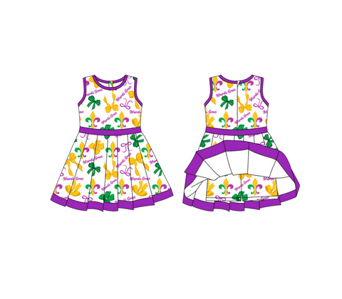 Preorder 10.28 MOQ 5 pcs GSD2885 Mardi Gras Bows Yoga Girl's Dress Onesie