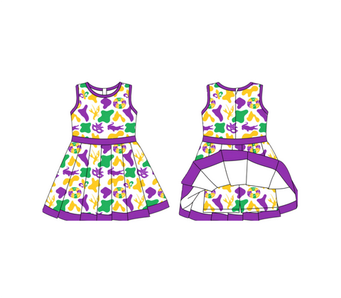 Preorder 10.28 MOQ 5 pcs GSD2886 Mardi Gras Camo Mask Yoga Girl's Dress Onesie