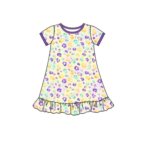 10.10 Pre-order GSD2899 Baby Girls Mardi Gras leopard short sleeve dress