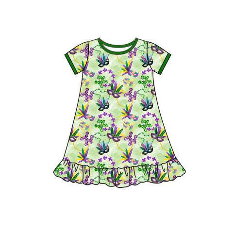 10.10 Pre-order GSD2902 Baby Girls Mardi Gras mask green short sleeve dress