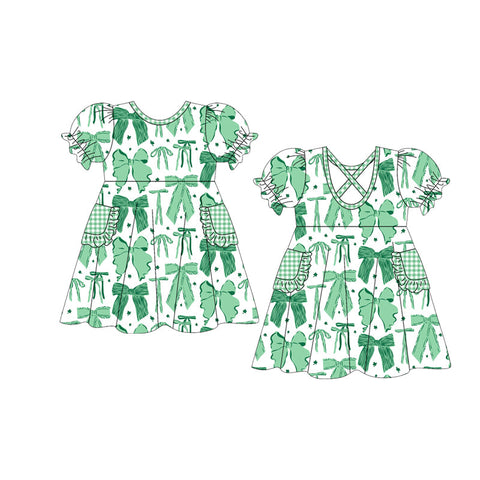 10.10 Pre-order GSD2903 Baby Girls St Patrick's Day green bow puff sleeve pocket dress