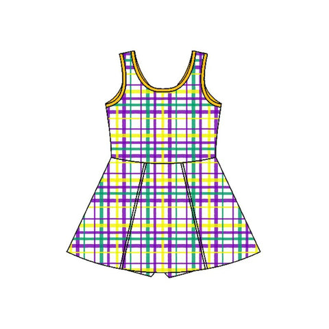 Preorder 11.23 MOQ 5 pcs GSD2945 Mardi Gras Plaid Purple Yoga Girl's Dress Onesie