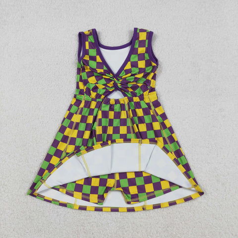 GSD2946 Mardi Gras Plaid Purple Yoga Girl's Dress Onesie