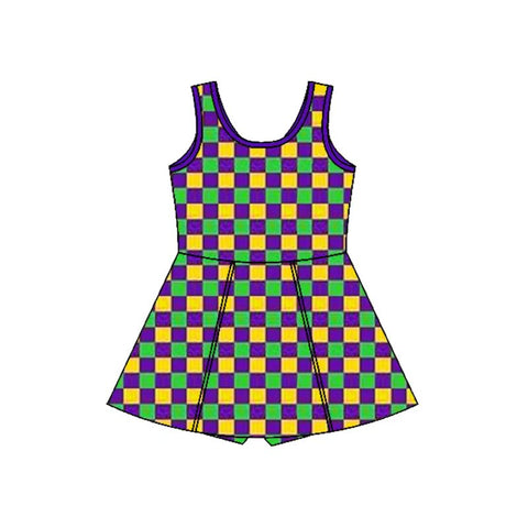Preorder 11.23 MOQ 5 pcs GSD2946 Mardi Gras Plaid Purple Yoga Girl's Dress Onesie