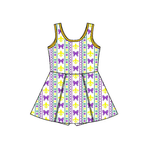 Preorder 11.23 MOQ 5 pcs GSD2947 Mardi Gras Bows Purple Yoga Girl's Dress Onesie