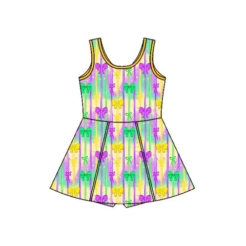 Preorder 11.23 MOQ 5 pcs GSD2948 Mardi Gras Bows Purple Yoga Girl's Dress Onesie