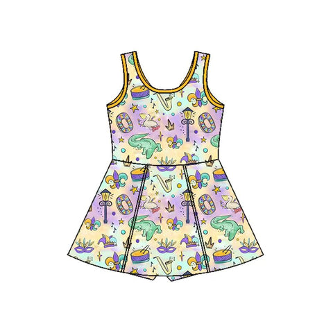 Preorder 11.23 MOQ 5 pcs GSD2949 Mardi Gras Animals Yoga Girl's Dress Onesie