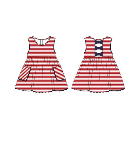 Preorder 11.23 MOQ 5 pcs 4th of July Flag Red Stripe Bows Girl's Dress