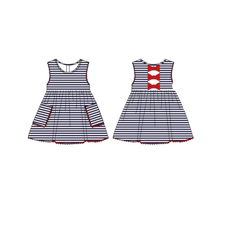 Preorder 11.23 MOQ 5 pcs 4th of July Flag Red Stripe Bows Girl's Dress