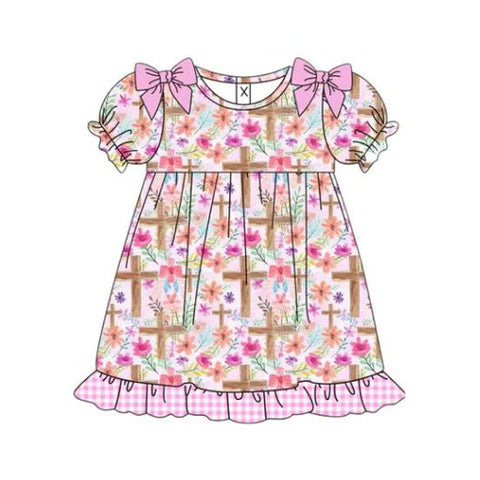 Preorder 11.24 MOQ 5 pcs GSD2959 Easter Cross Flower Bows Girl's Dress