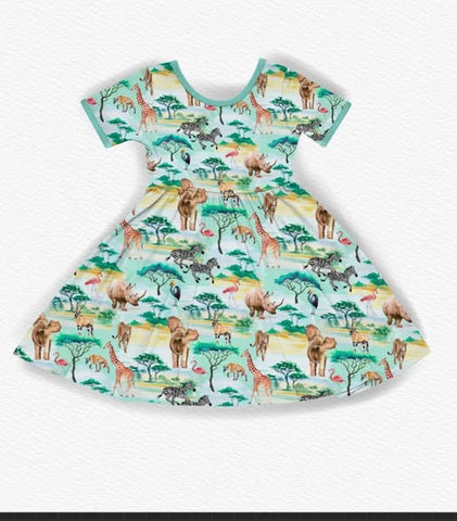 Preorder 11.25 MOQ 5 pcs Zoo Forest Animals Green Girl's Dress