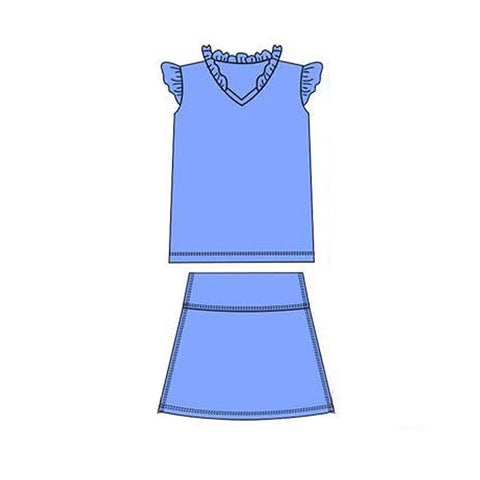 Preorder 12.03 MOQ 5 pcs GSD3011 Solid Color Blue Ruffles Yoga Girls Skorts Set