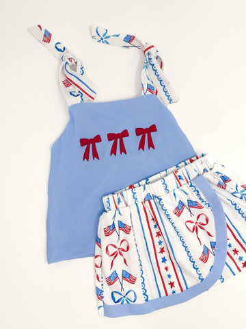 Preorder 12.04 MOQ 5 pcs GSD3025 4th of July Bows Flag Girls Skirt Set