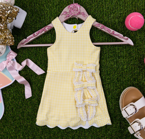 Preorder 12.05 MOQ 5 pcs GSD3027 Yellow Plaid Bows Yoga Girl's Dress Onesie