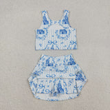 GSD3067 Princess Castle Bows Blue Yoga Girls Skorts Set